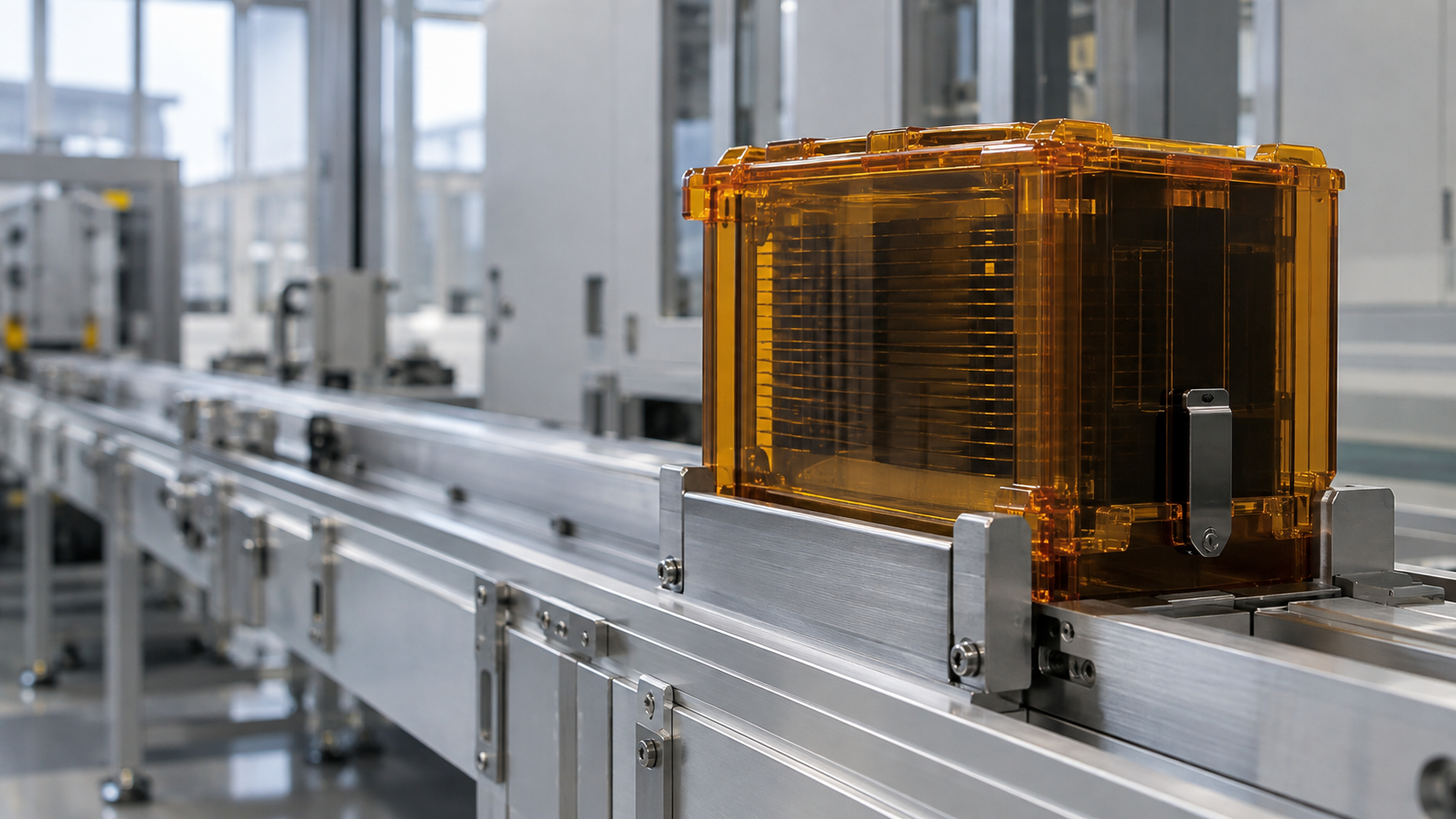 An unbranded amber wafer carrier sits on a brushed aluminum transfer rail.