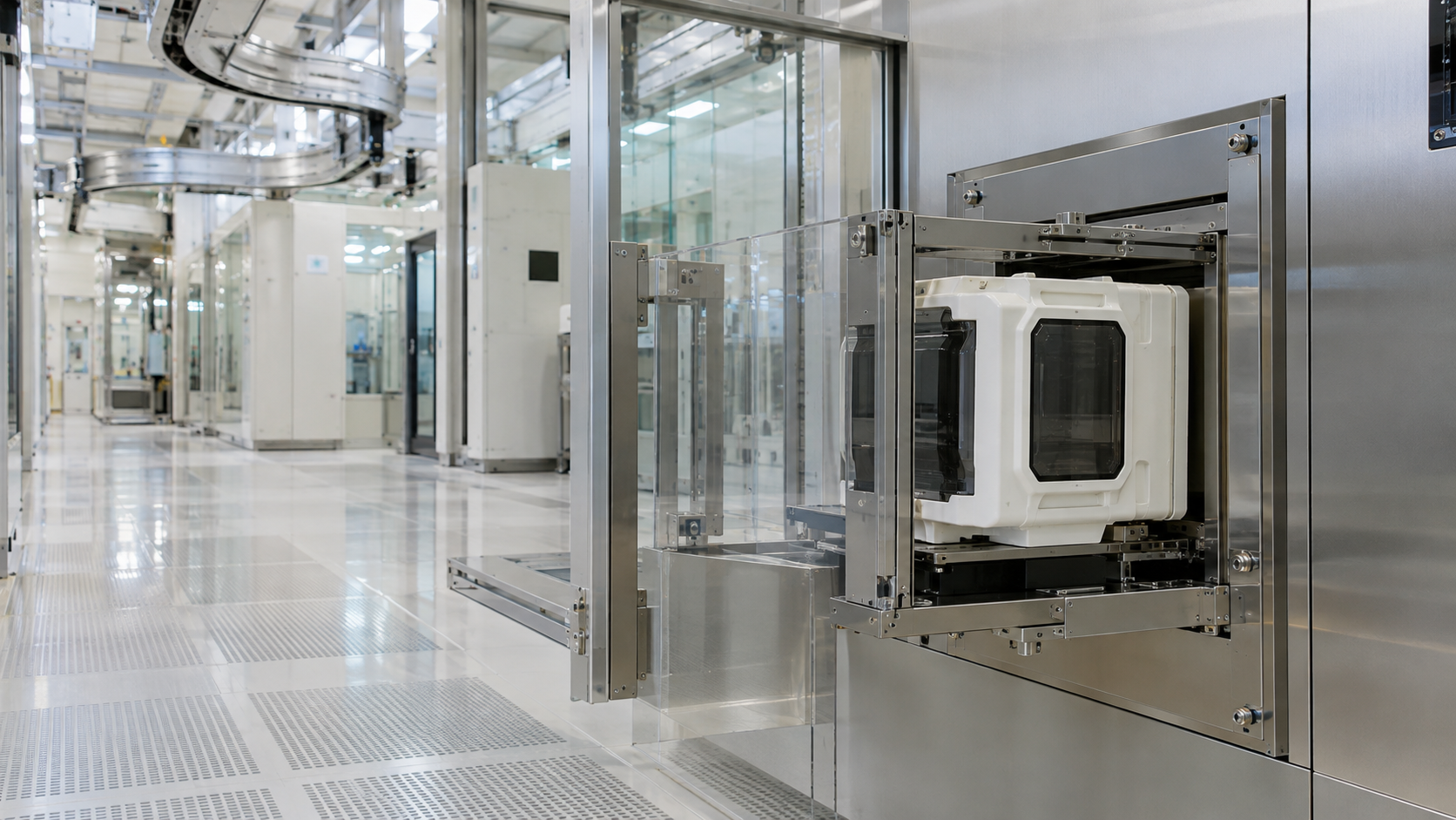 Unbranded white wafer cassette in a stainless automated transfer bay