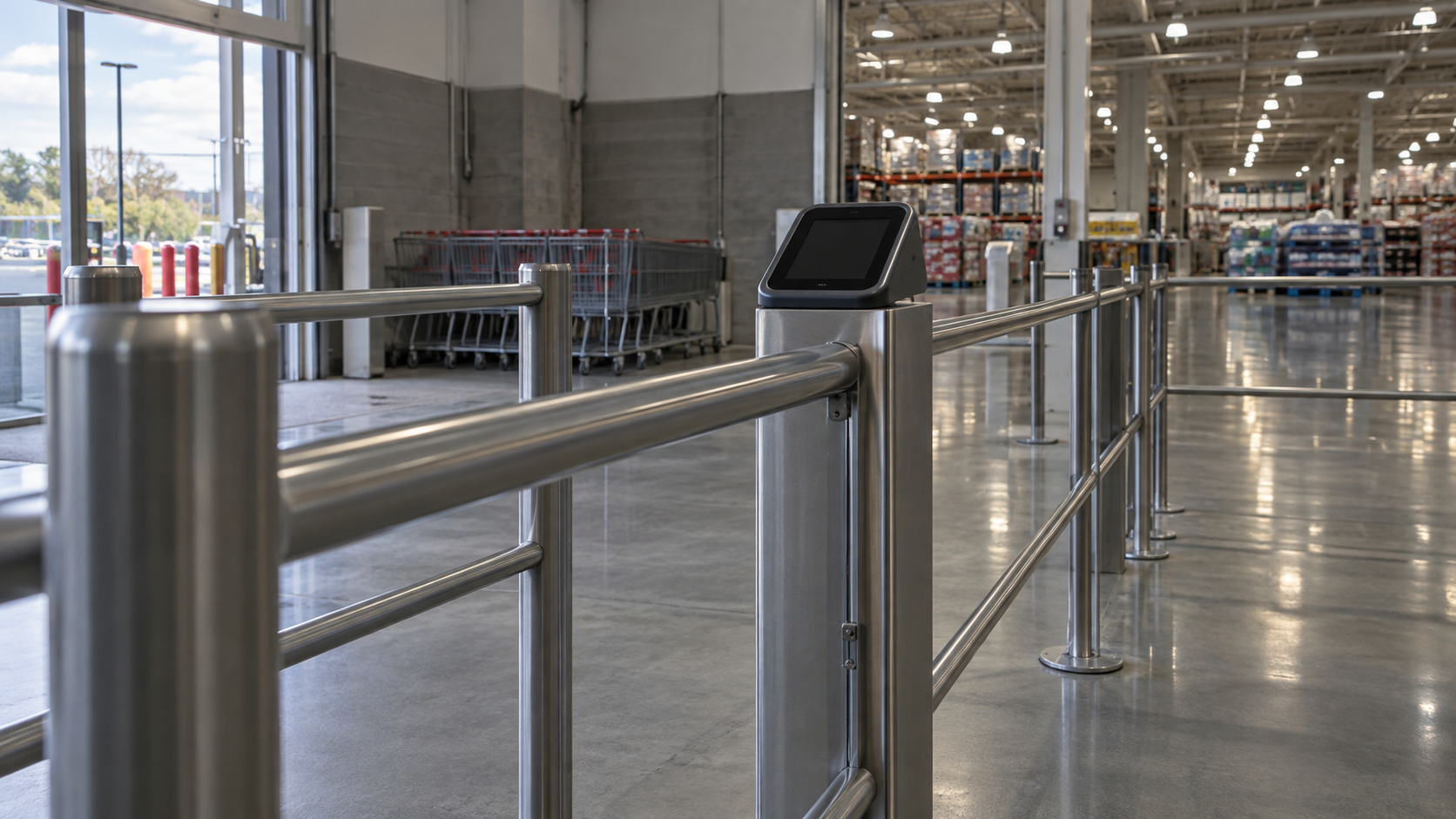 Unbranded stainless-steel entry rails and a blank dark scanner pedestal in a quiet warehouse foyer