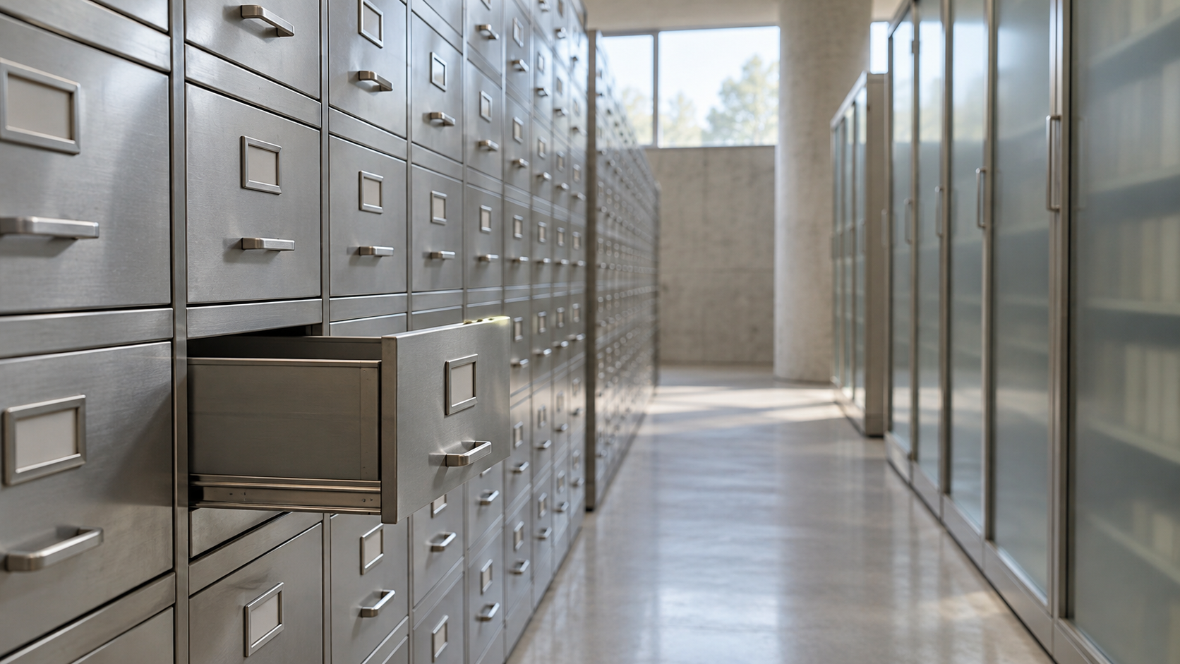 Rows of unbranded metal archive drawers in a quiet daylight corridor.
