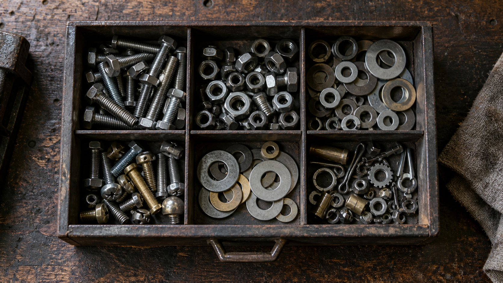 Open hardware drawer containing varied unbranded metal fasteners