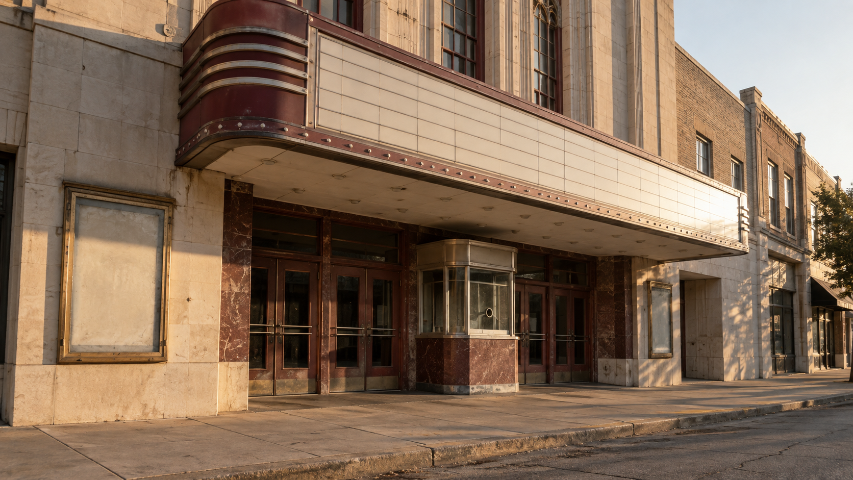 An unbranded old cinema facade with a blank marquee in late-afternoon sunlight