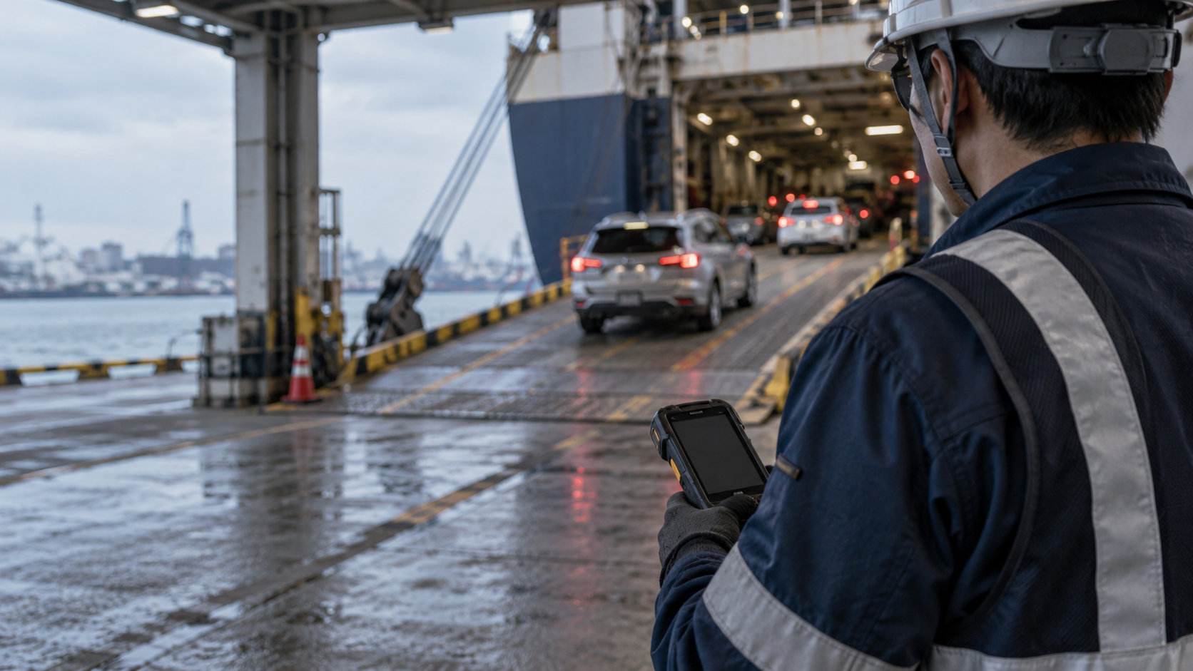A dock worker with an unbranded handheld scanner faces a generic vehicle-loading ramp.