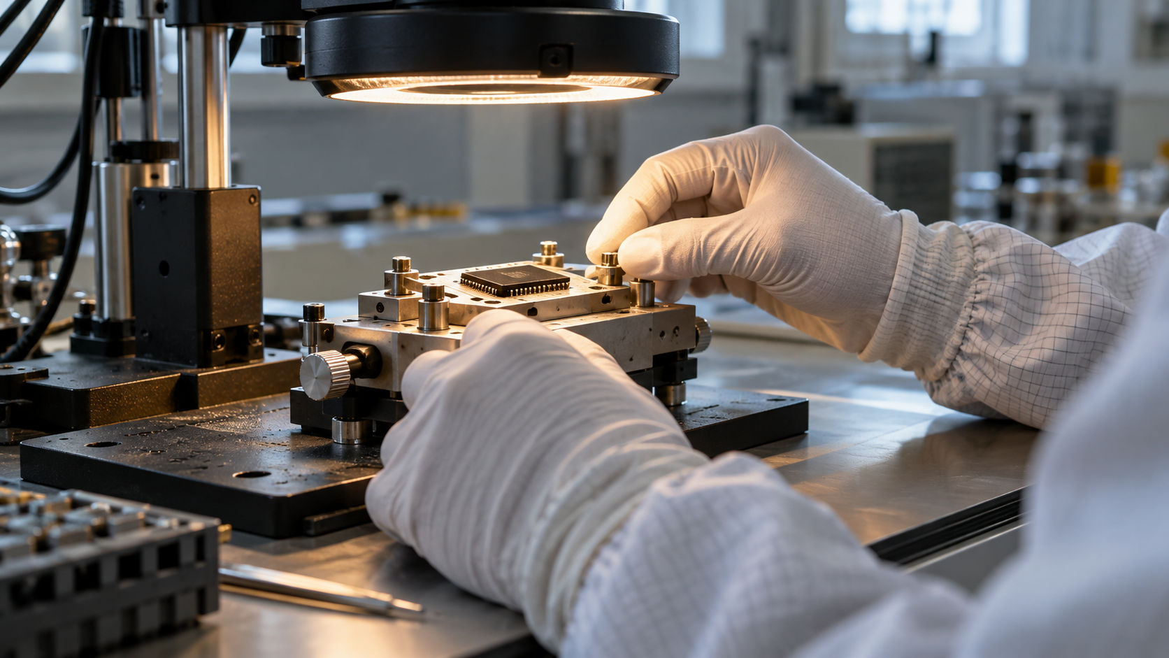 Gloved hands adjusting an unbranded chip test fixture beneath an inspection light