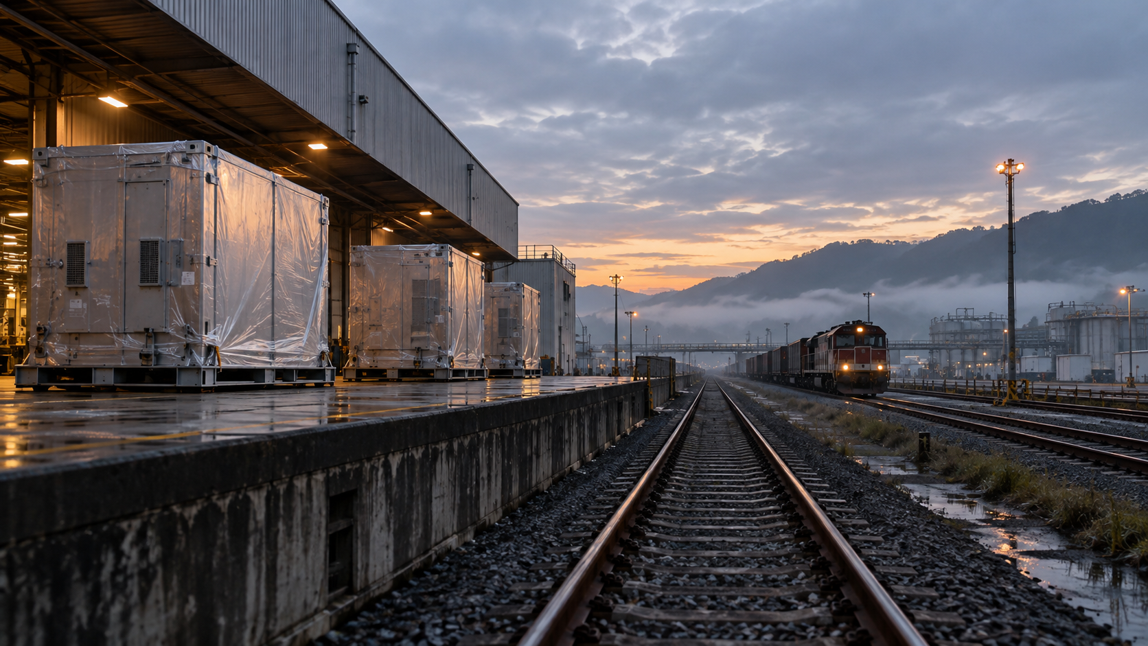 Unbranded equipment crates beside rail tracks at an industrial logistics terminal at dawn