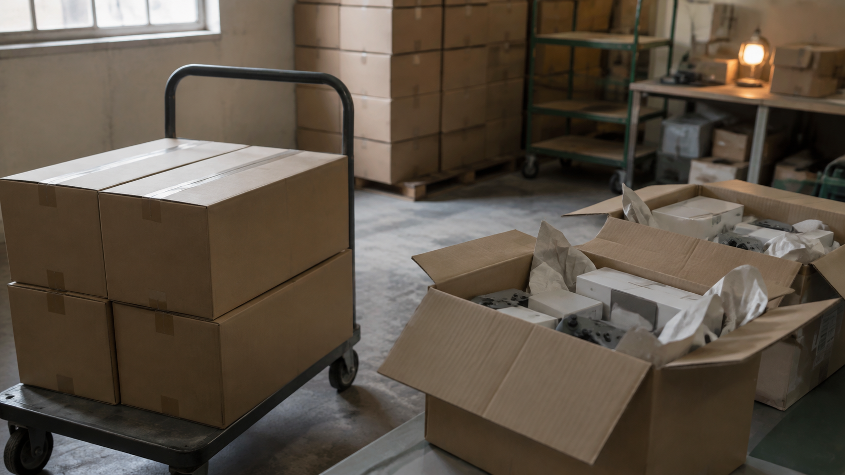 Plain shipping cartons and unbranded game hardware prepared in a modest distribution room.