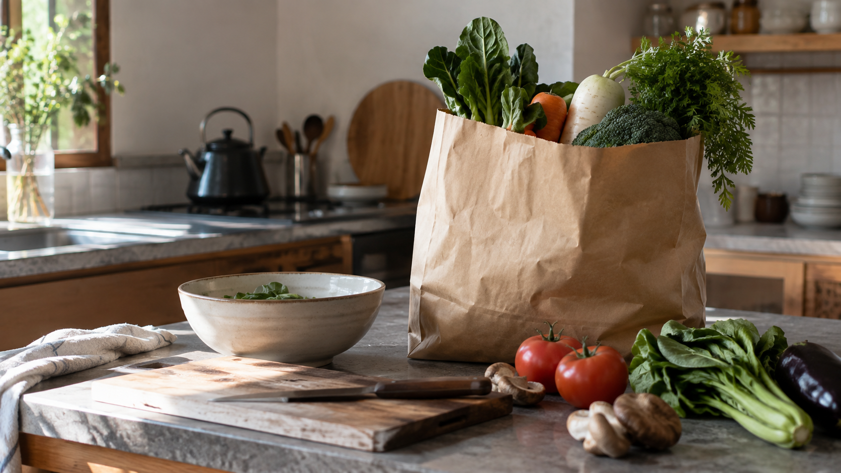 Unbranded grocery bag and fresh vegetables on a softly lit kitchen counter