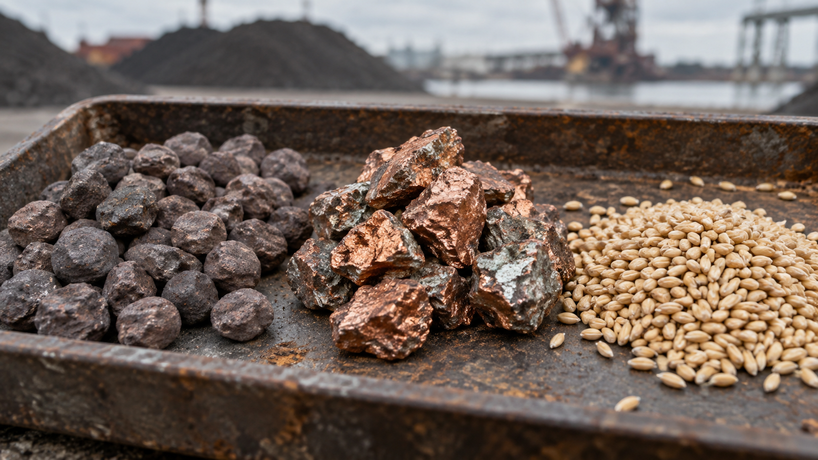 Iron ore pellets, rough copper-colored mineral pieces and pale grain kernels sit in an unlabeled steel tray.