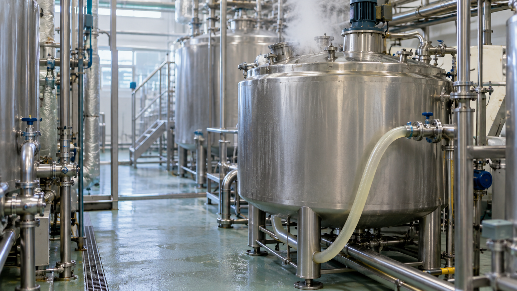 Stainless mixing vessel and process piping in a clean facility
