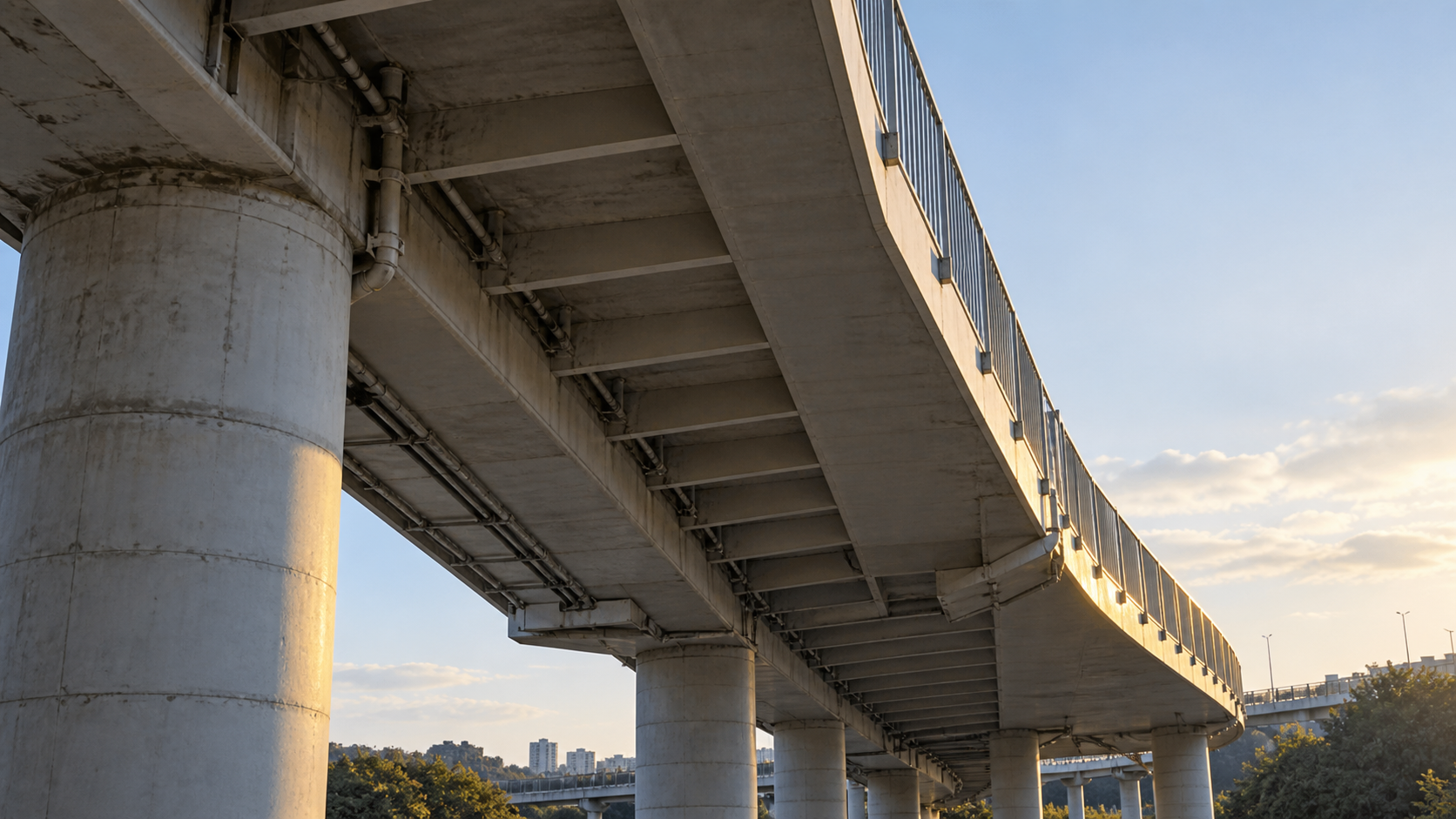 The underside of an unbranded concrete pedestrian overpass recedes above a row of piers.