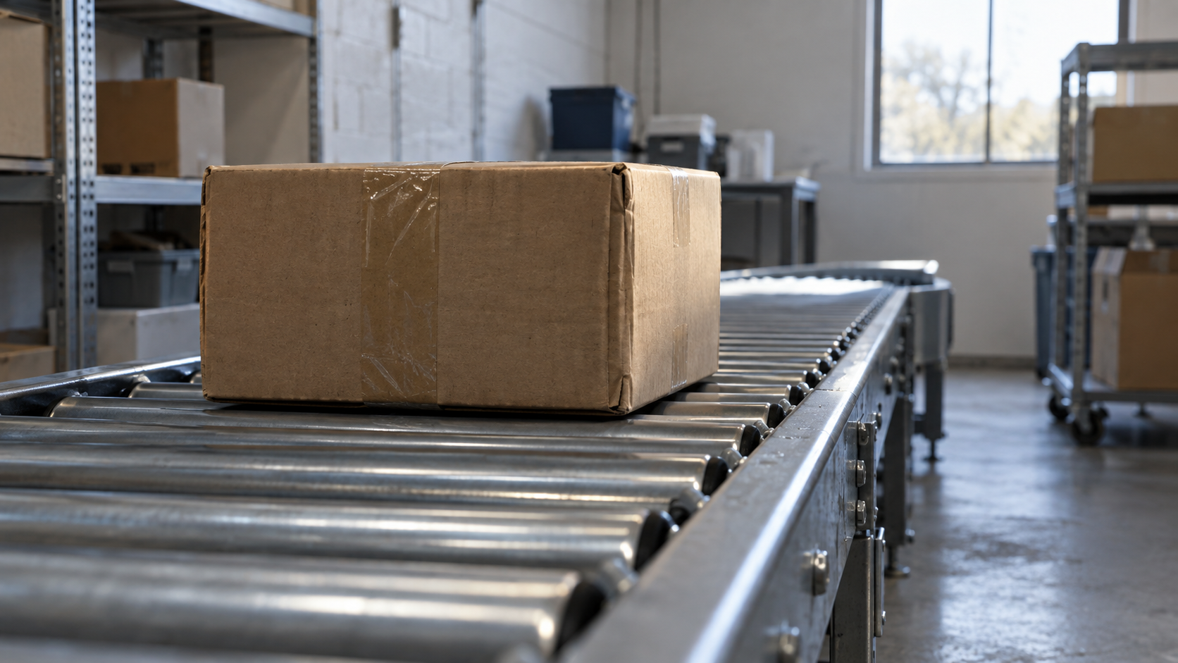 A plain unbranded parcel travels on metal rollers in a small fulfillment room.