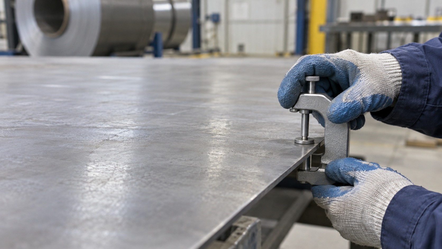 Gloved hands use a manual gauge on an unbranded rolled steel plate.