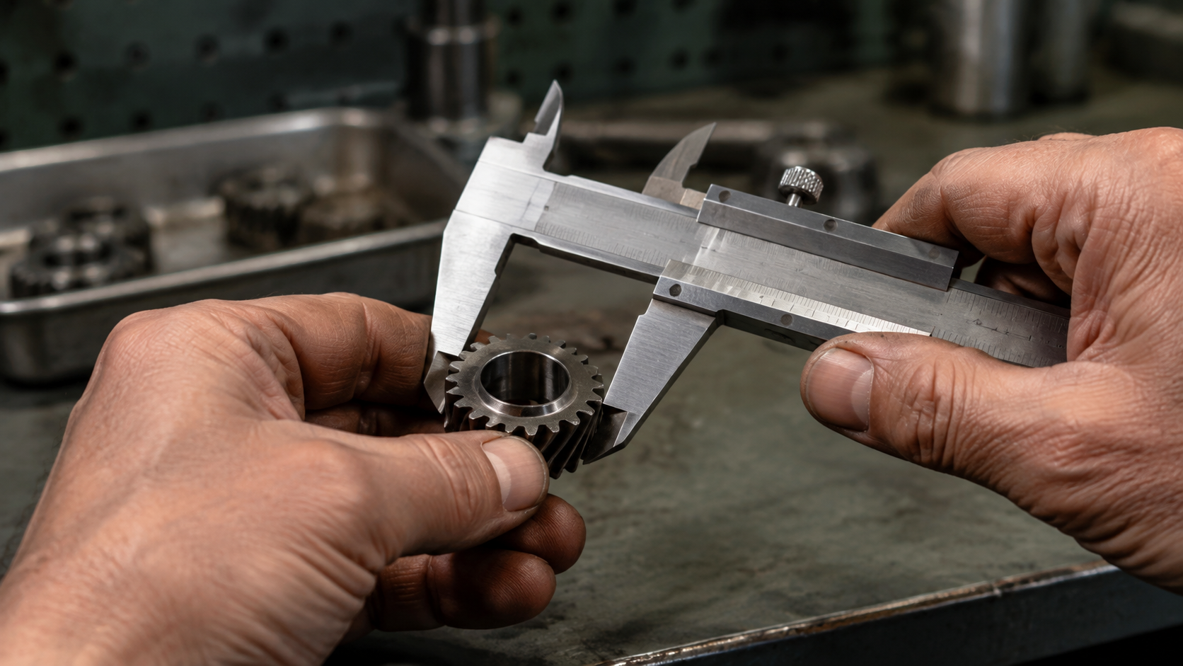 Hands using a metal caliper to inspect a machined steel gear