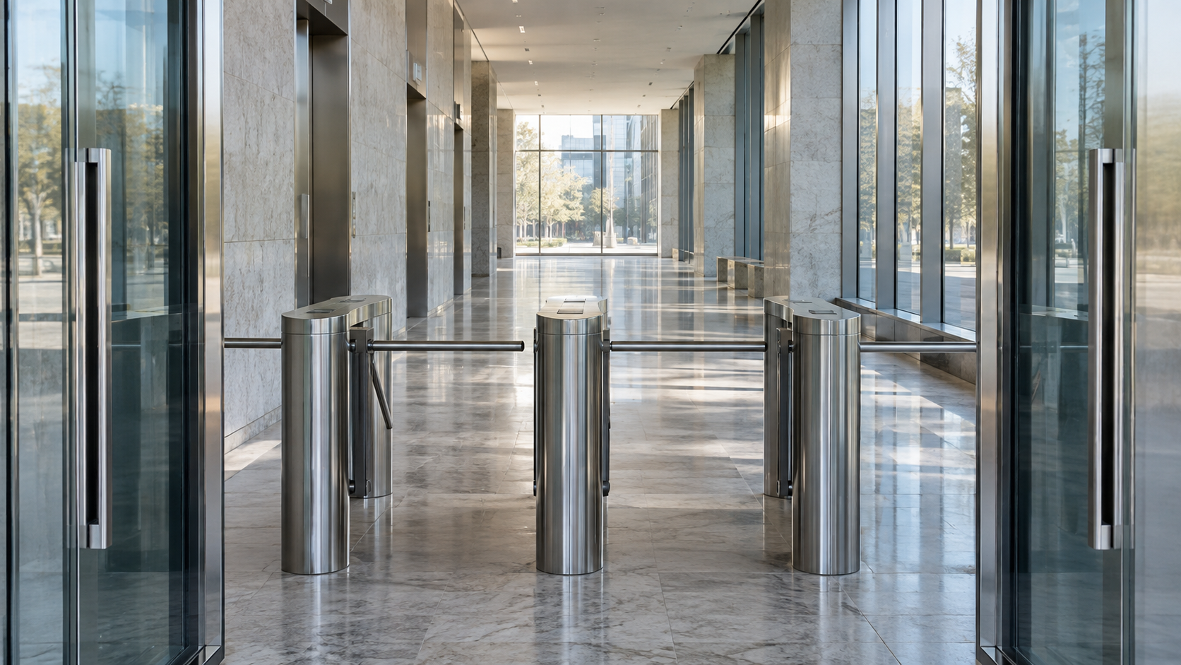 Unbranded stainless turnstiles stand in an empty marble-and-glass public-building corridor.