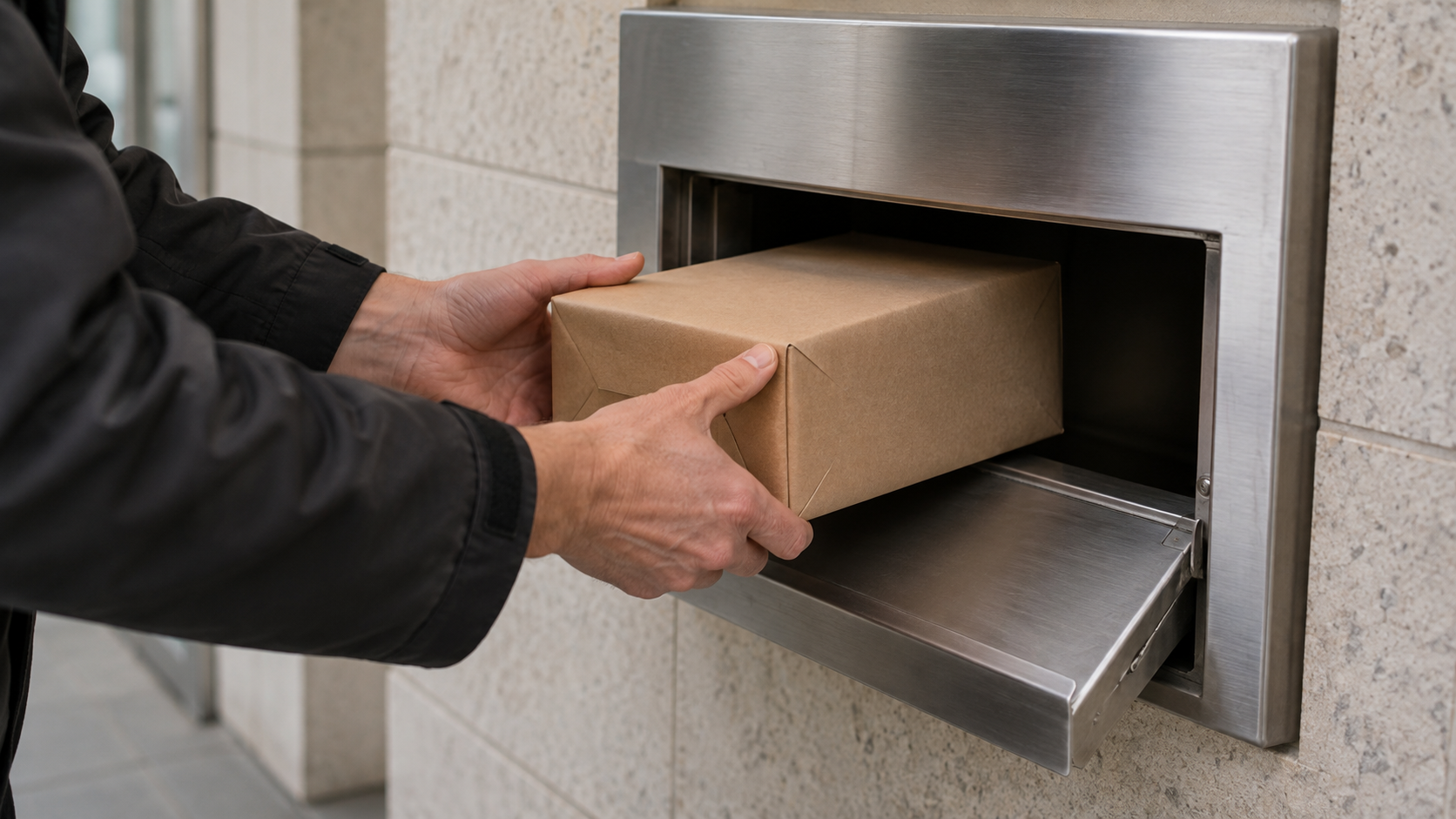 Adult hands in a dark work jacket place an unmarked kraft parcel into a brushed-steel secure collection hatch.