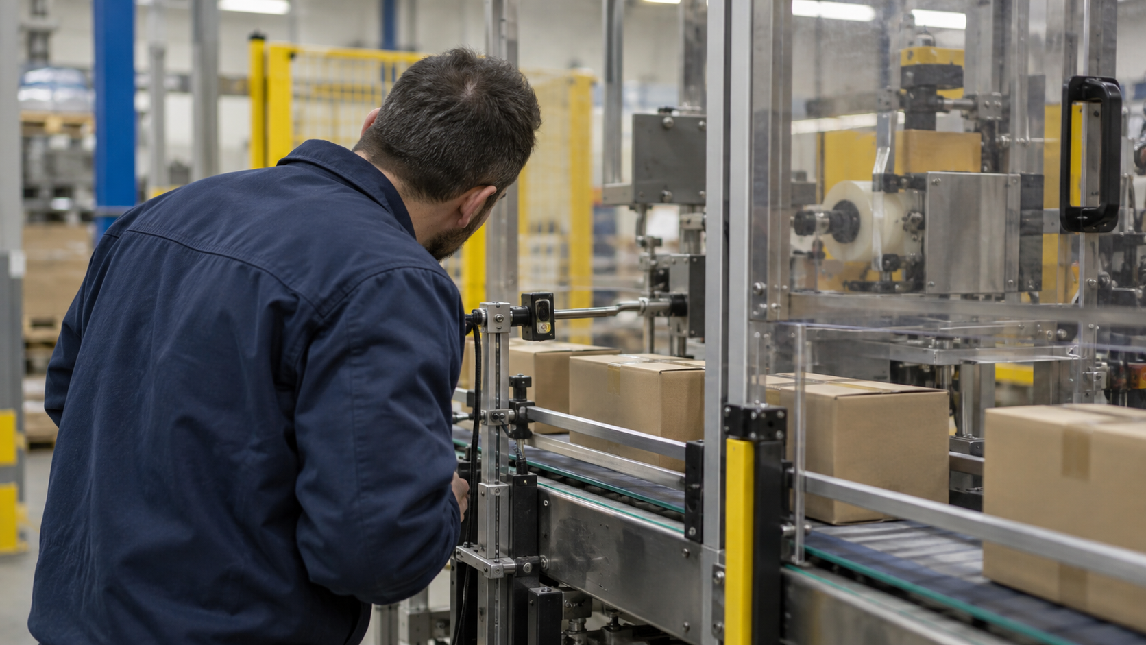 A technician checks an unbranded sensor beside cartons moving through a guarded packaging machine.