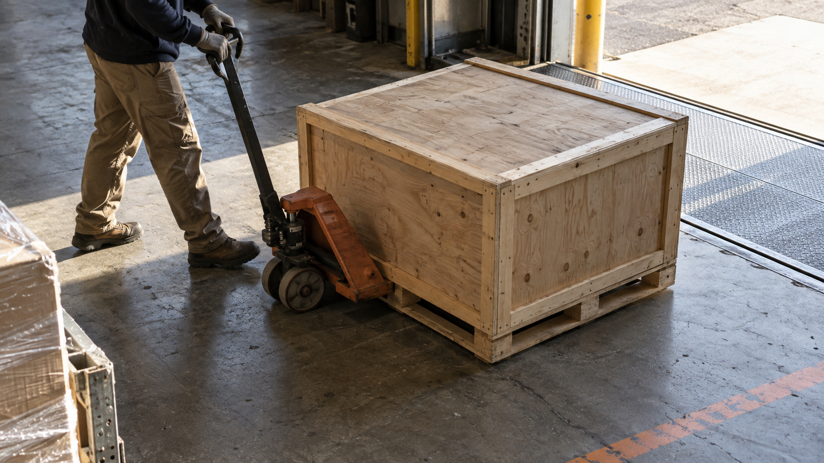A worker moves an unmarked wooden server crate with a pallet jack in a quiet loading bay.