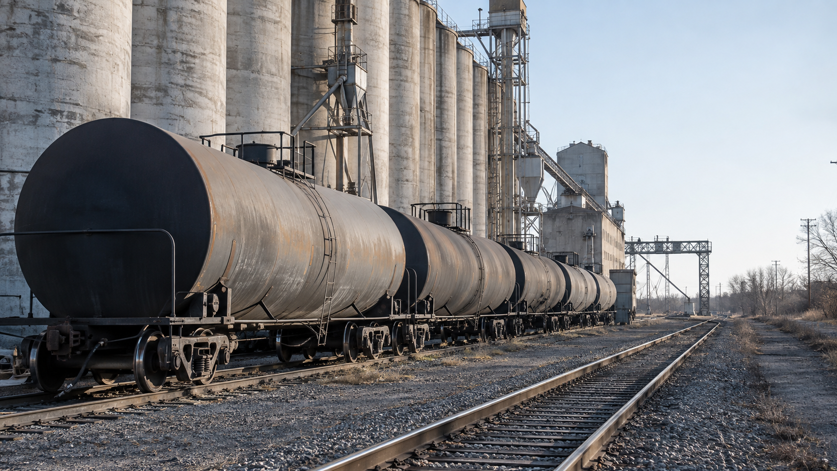 Plain unbranded tank cars beside weathered concrete grain silos on a quiet industrial siding