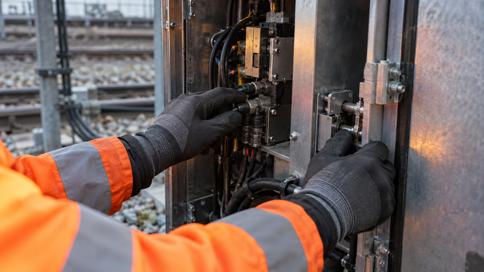 Gloved hands inspect unlabelled cable connections inside a generic railway signal-control enclosure.