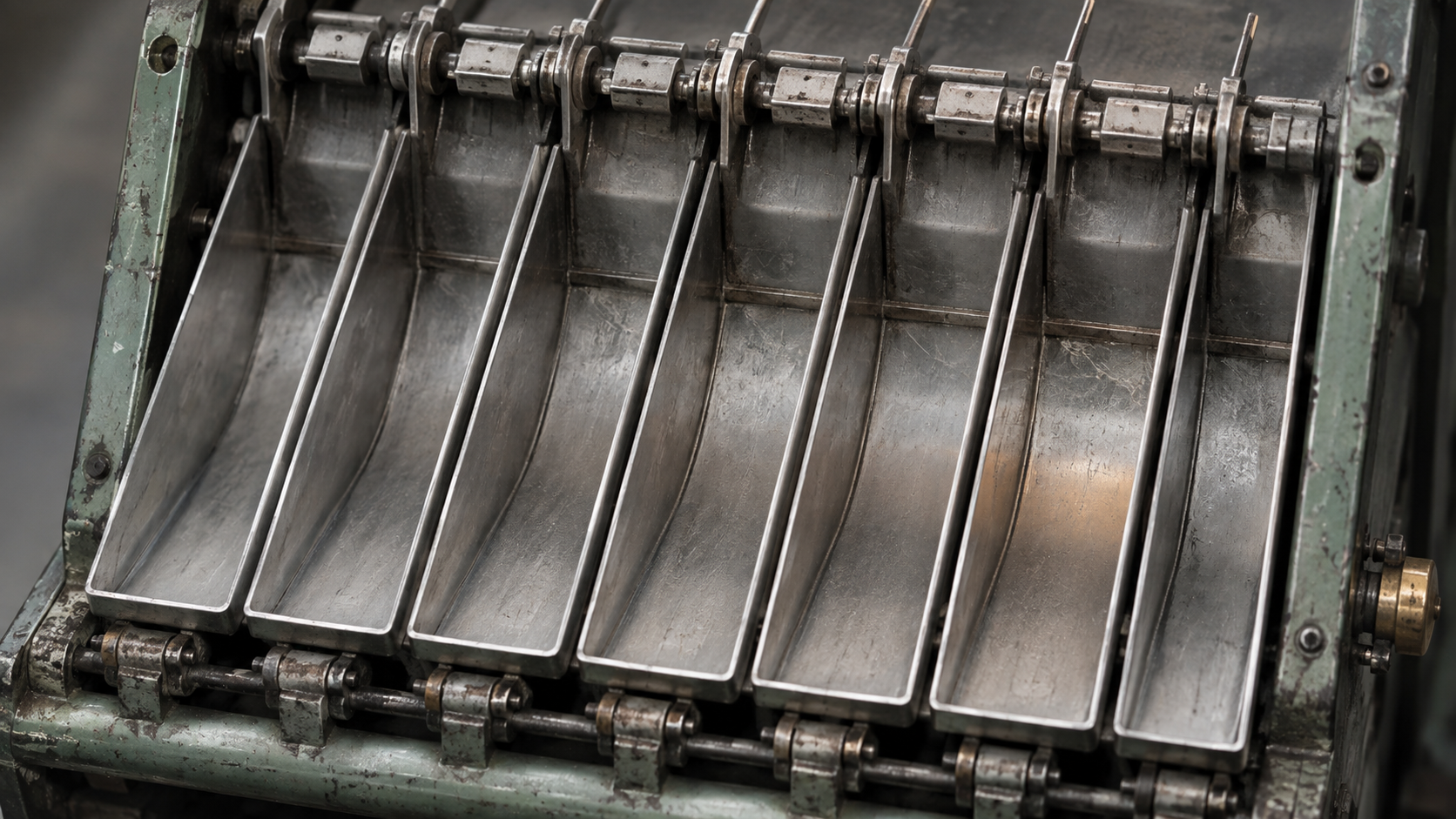 Overhead view of a worn metal sorter with six empty parallel channels