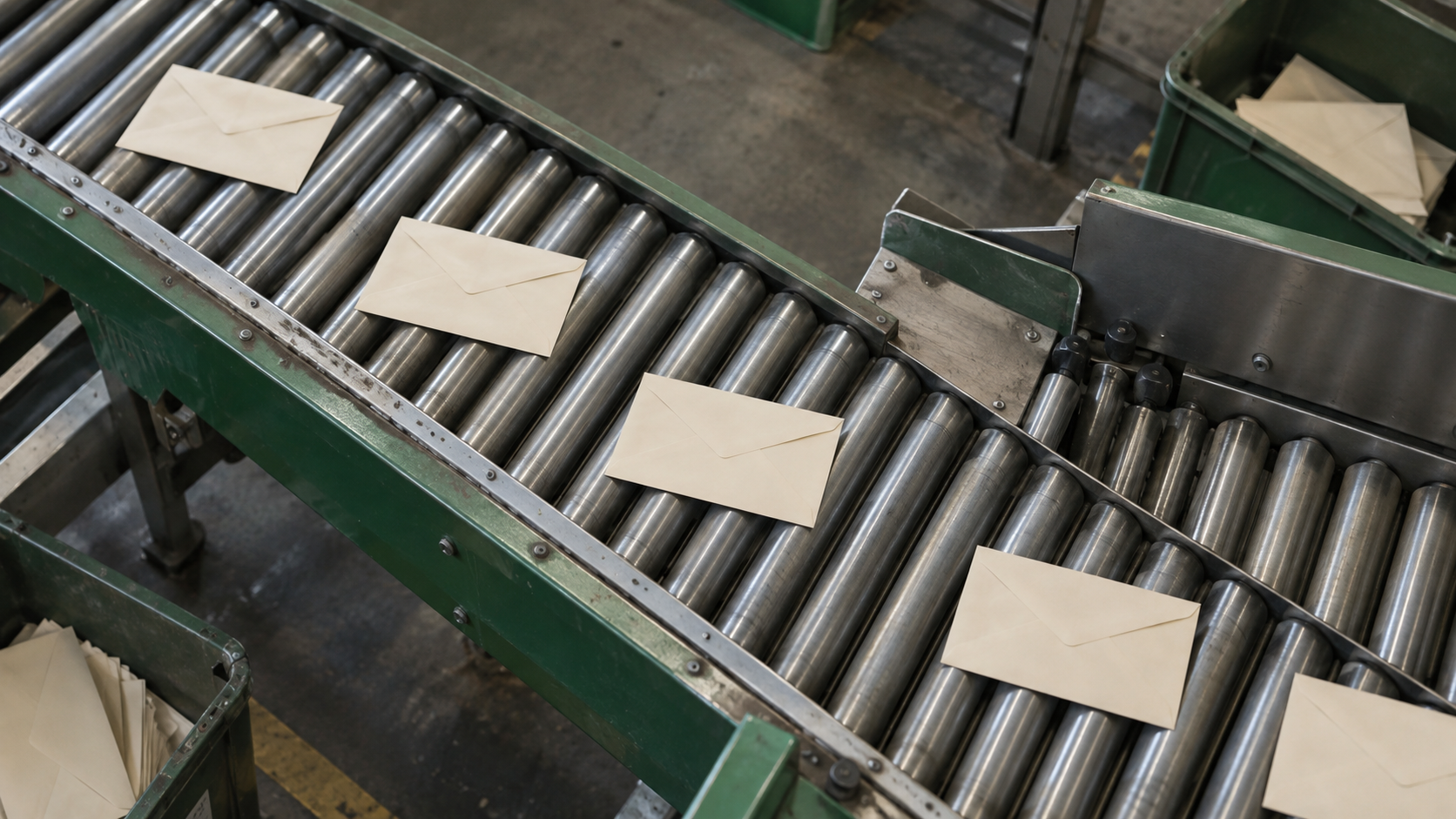 Blank unmarked envelopes move across a small unbranded steel sorting conveyor.