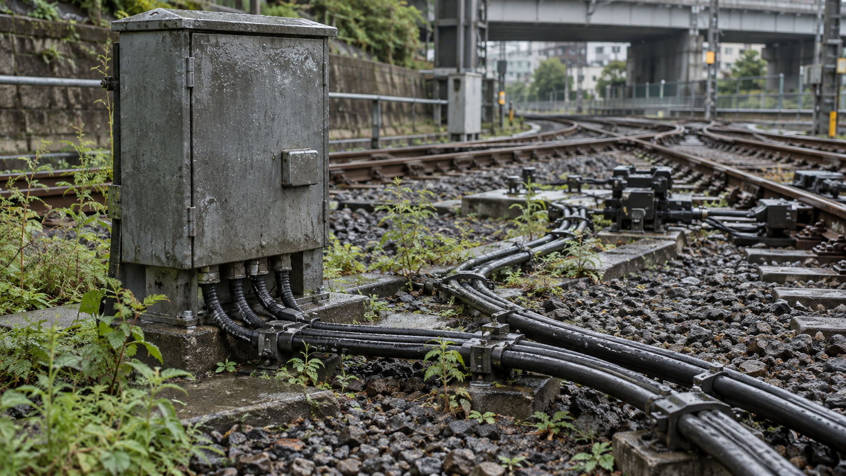 Unbranded railway switch cabinet with cable conduits beside a wet rail junction