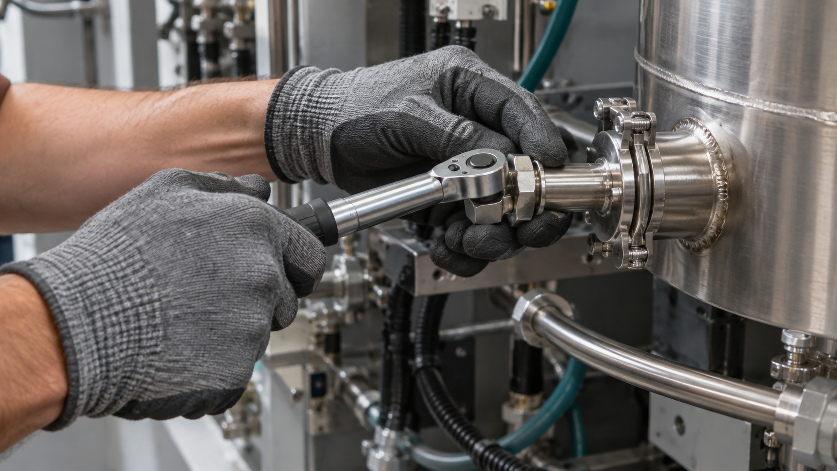 Gloved hands use a compact torque wrench on an unbranded stainless-steel vacuum fitting.
