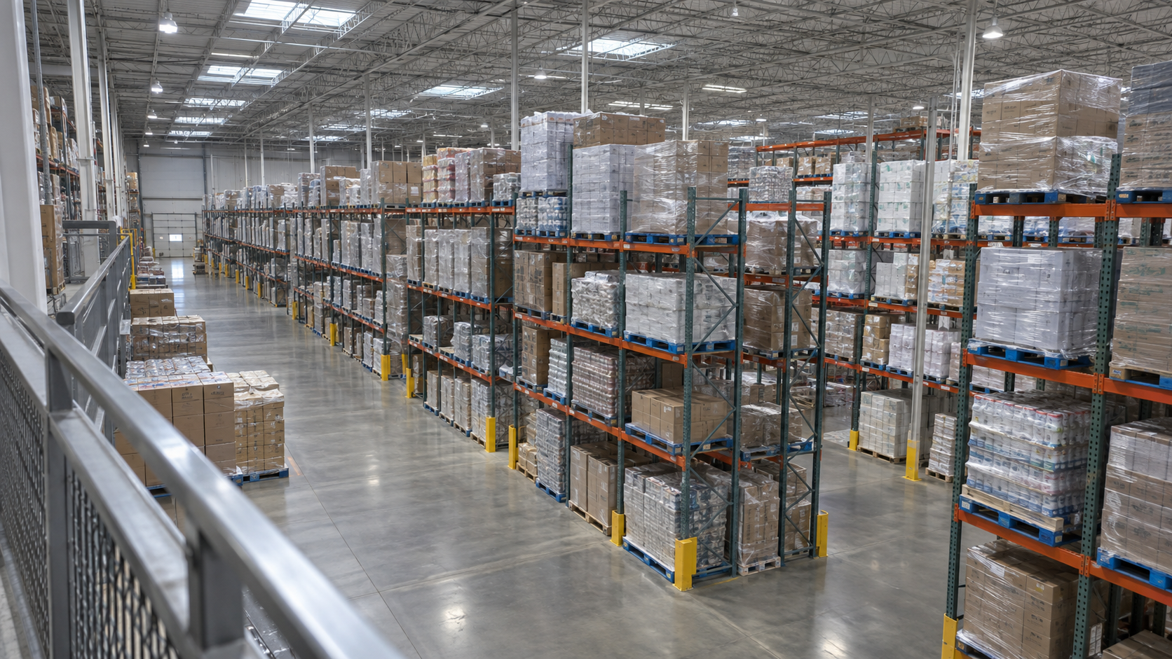 High view across anonymous bulk-goods pallet racks and empty concrete warehouse aisles