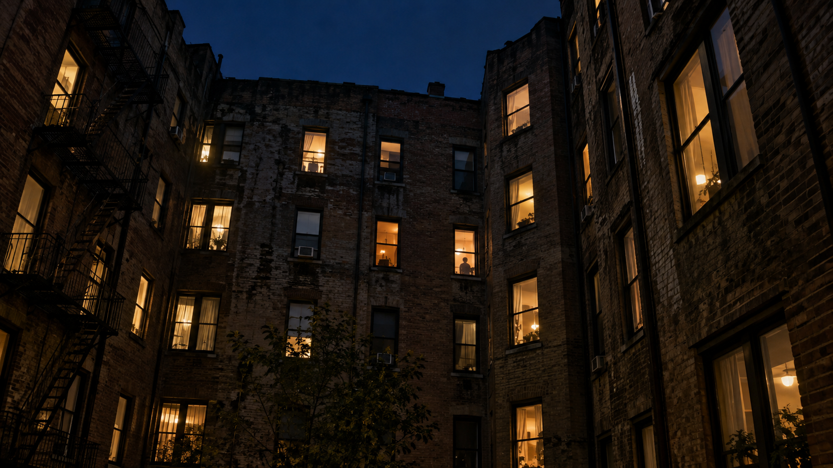 Warm apartment windows seen across an older brick courtyard at night