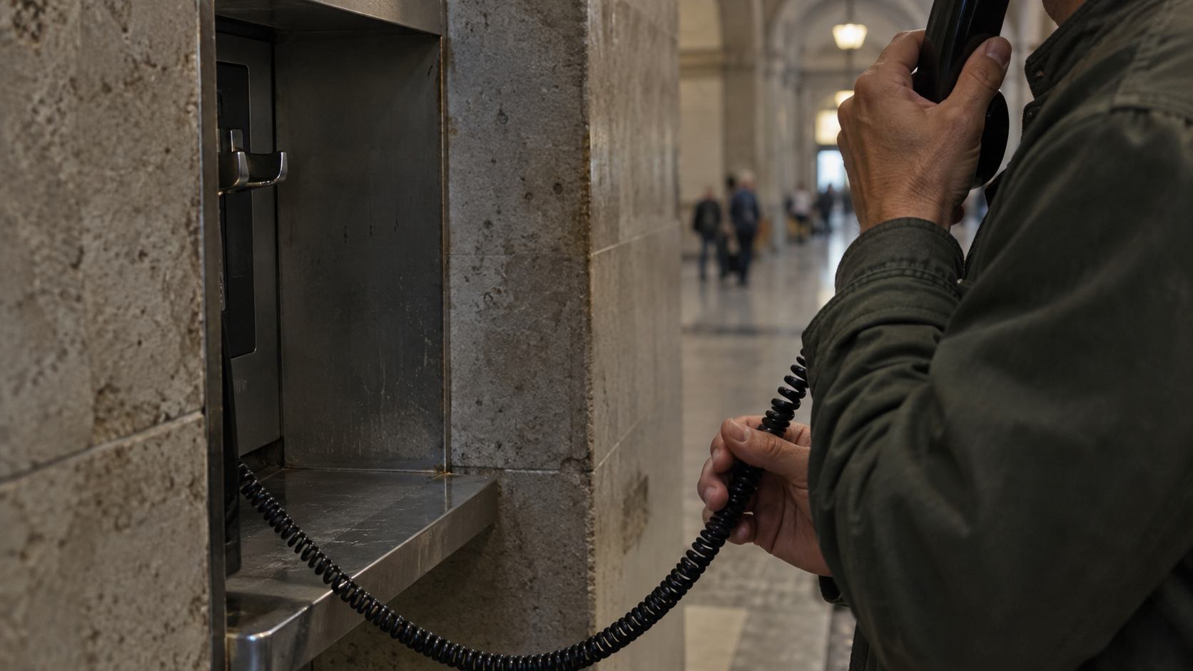 Cropped hands hold an unbranded corded telephone in a quiet stone public alcove.