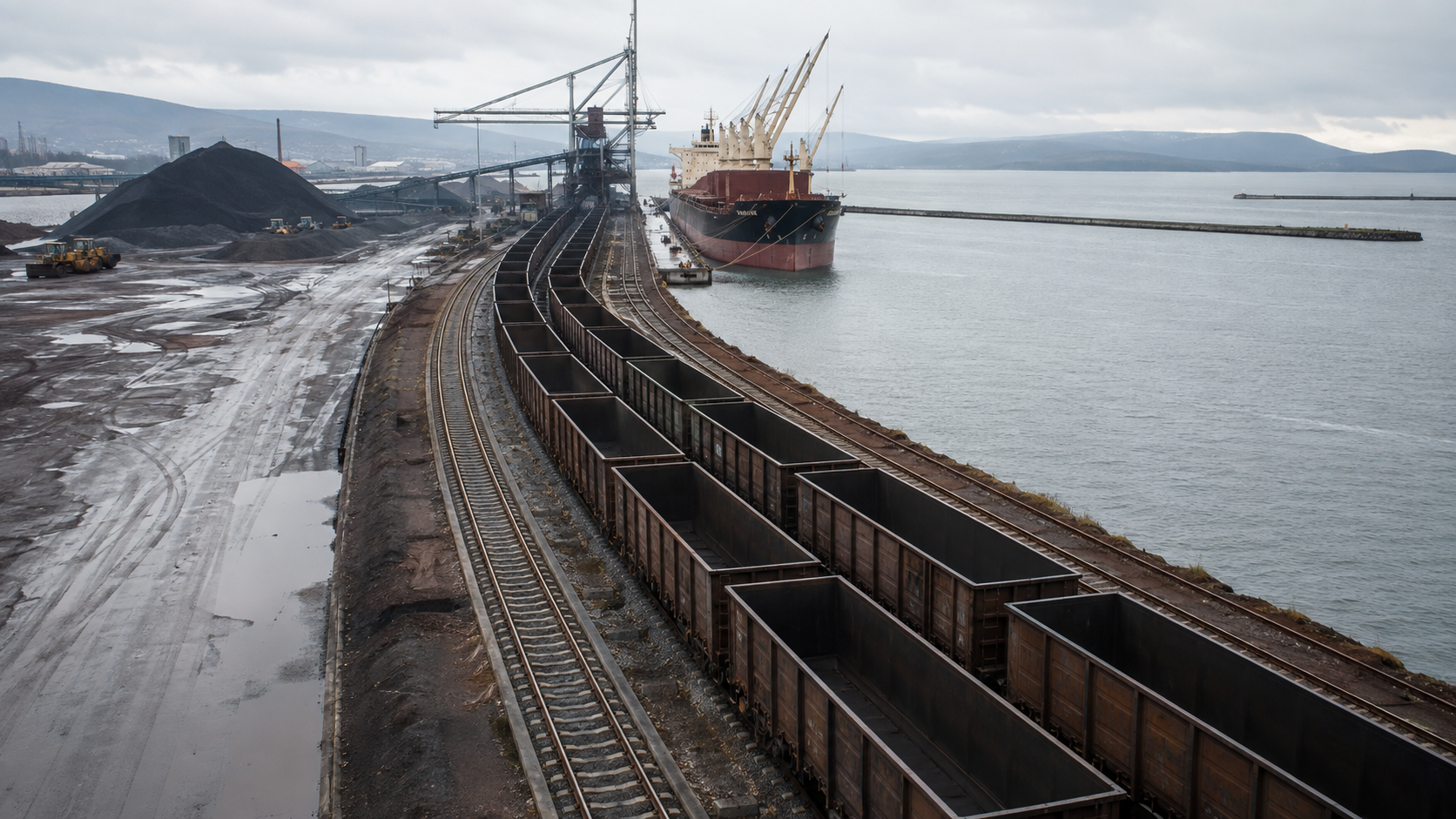 Unbranded bulk-cargo rail terminal beside a harbor under an overcast sky