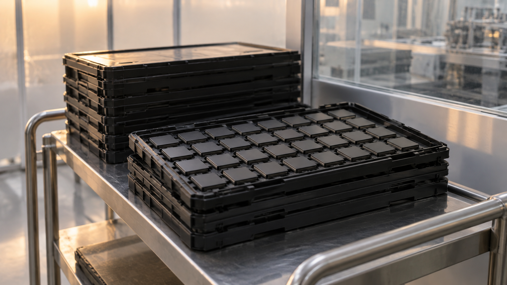 Unbranded integrated-circuit packages arranged in black shipping trays on a stainless cart