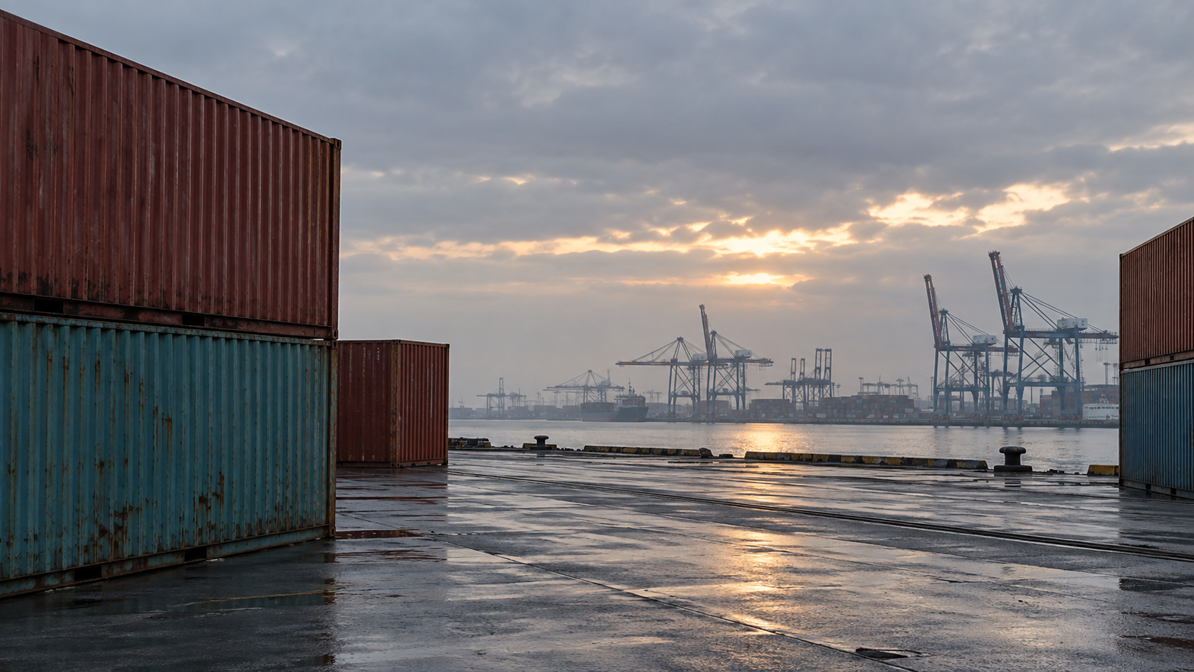 Unbranded containers and cranes at a quiet rain-dark cargo terminal at dawn