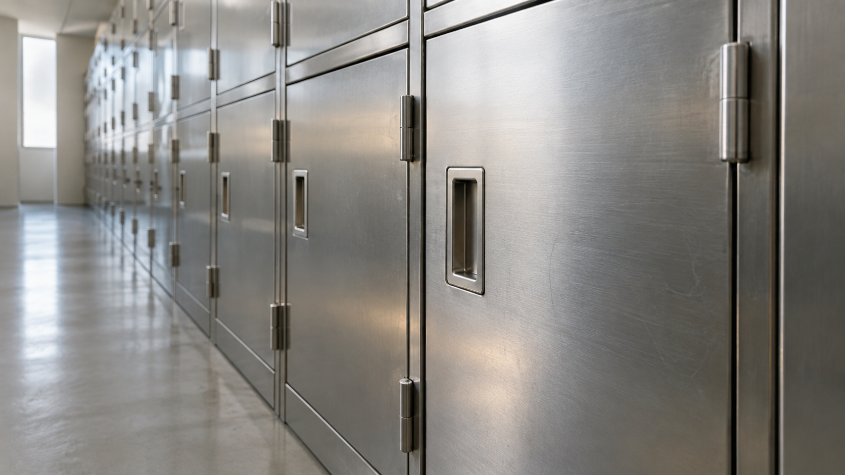 A row of unbranded brushed-metal storage compartments recedes along a quiet pale-walled corridor.