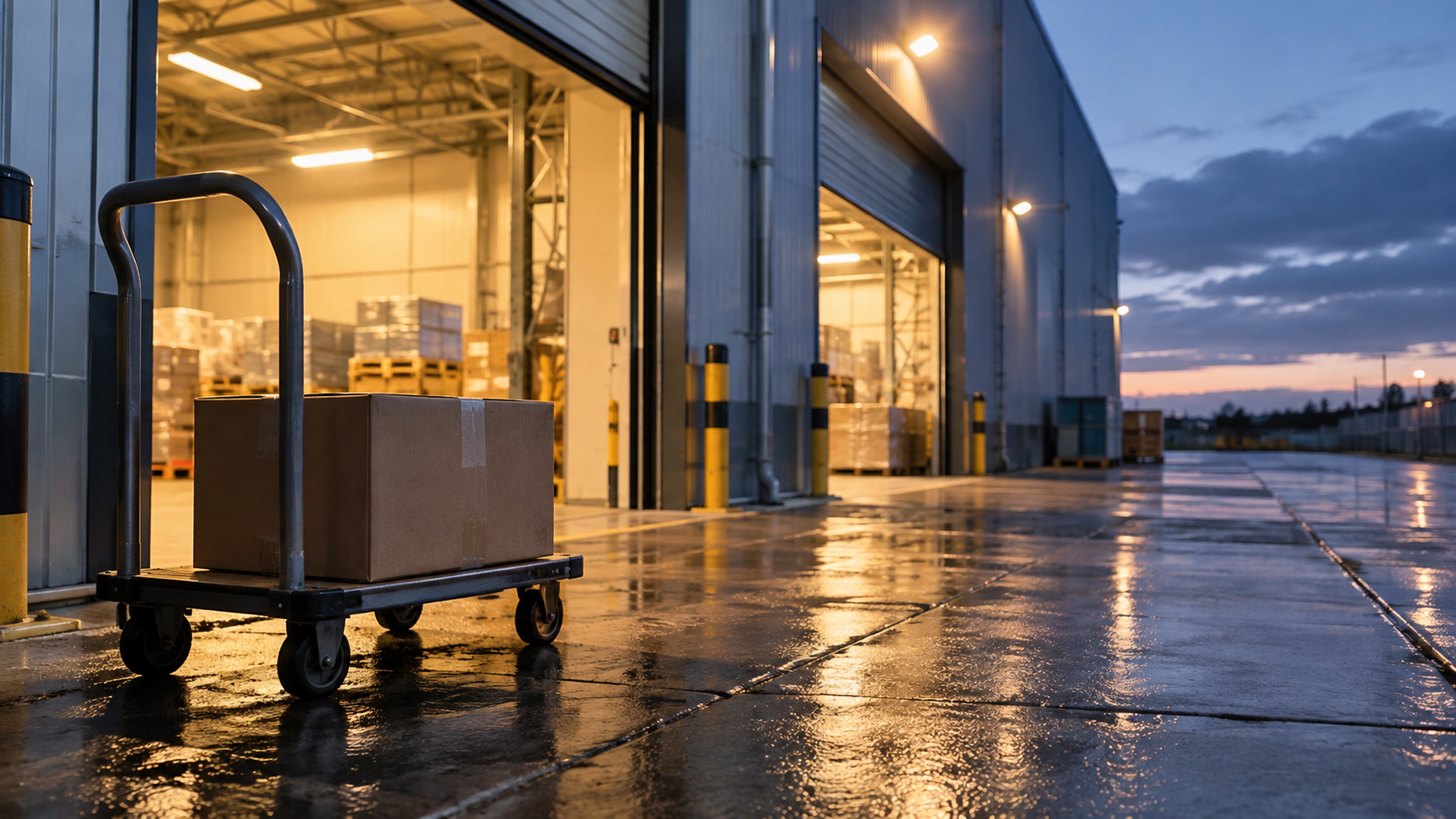 A plain parcel rests on a rolling cart outside a softly lit warehouse loading bay at dusk.