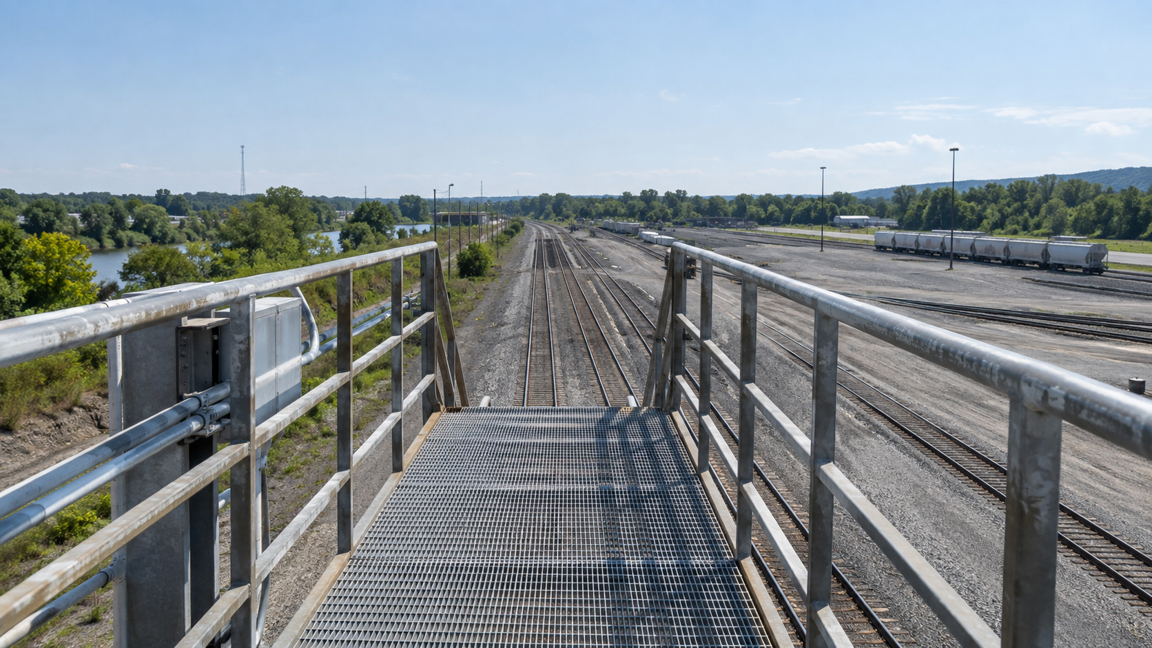 Empty galvanized rail-maintenance footbridge overlooking parallel tracks and a gravel yard