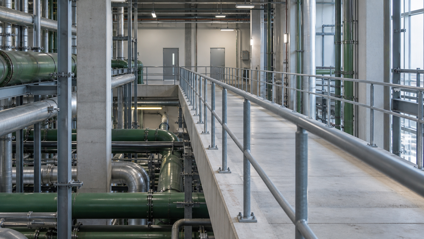 An empty elevated maintenance walkway runs through an unbranded industrial utility space with green pipes.