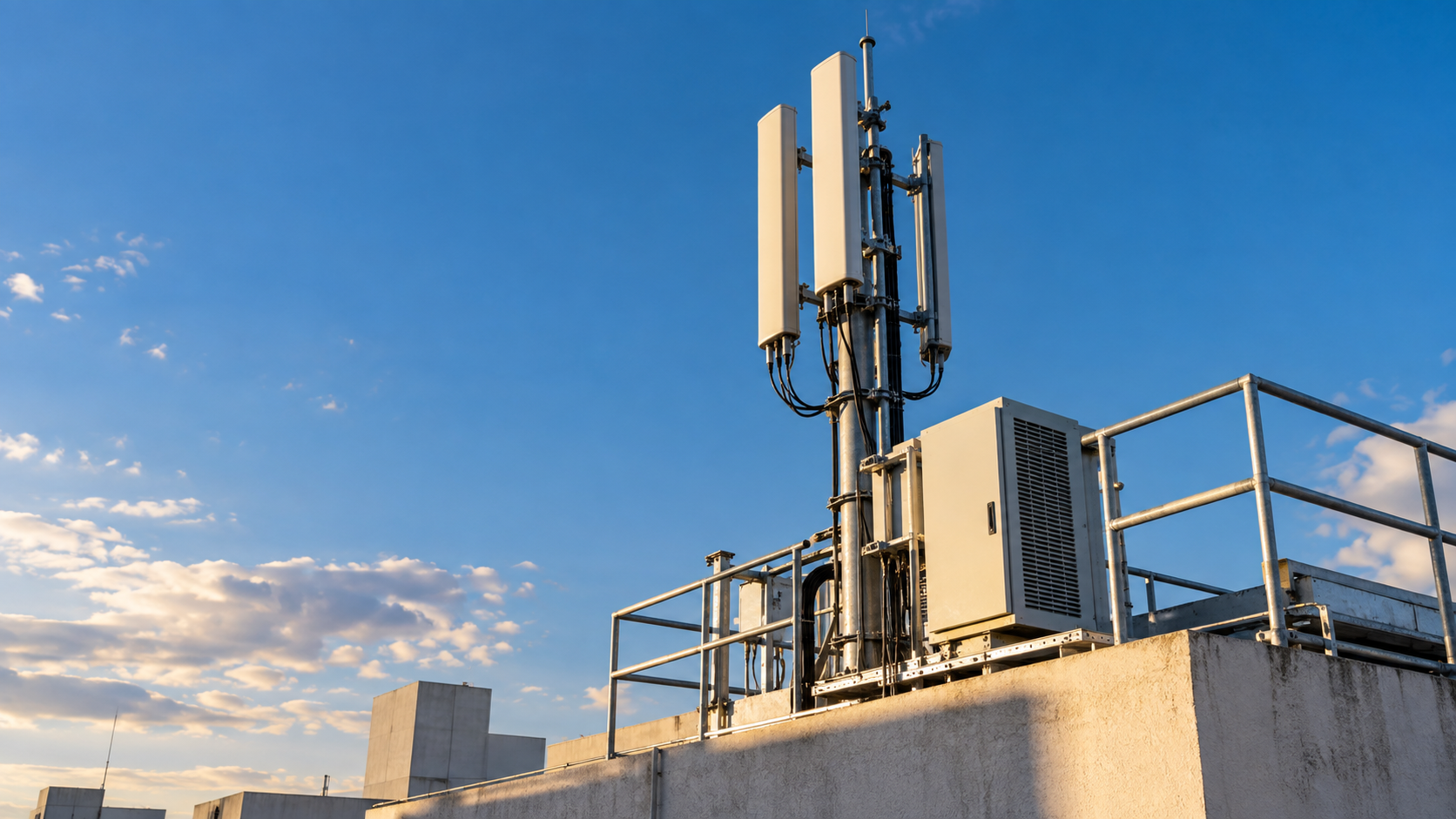 Anonymous rooftop cellular antenna in late-afternoon sunlight