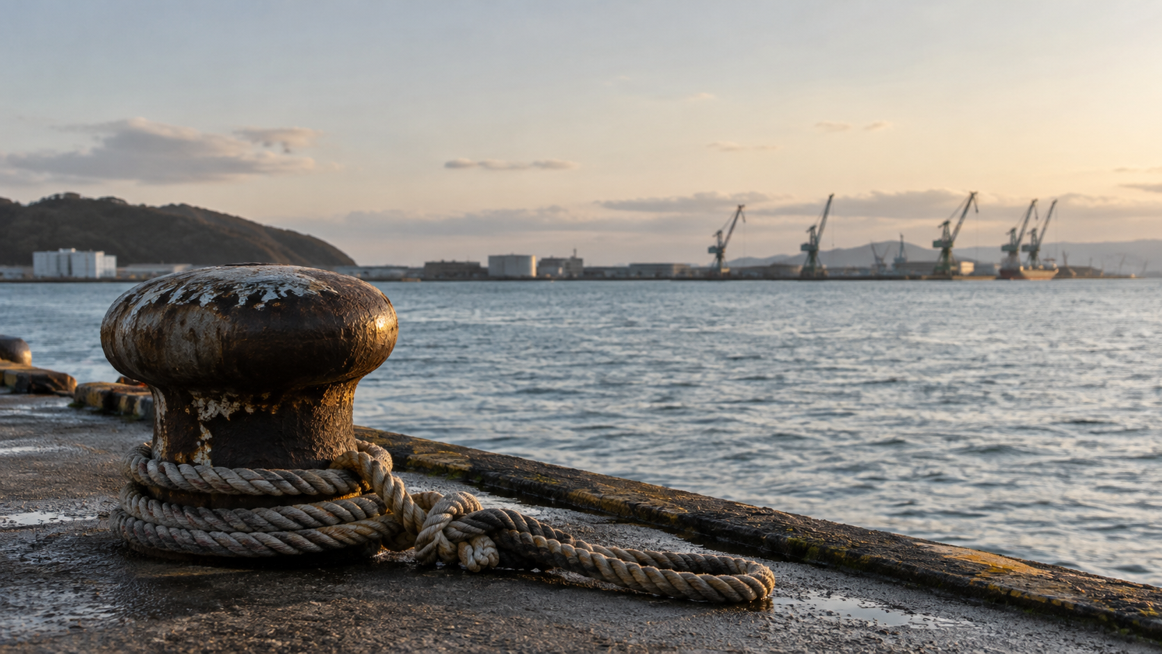 A weathered harbor bollard and coiled rope sit beside calm water with distant unbranded cranes.