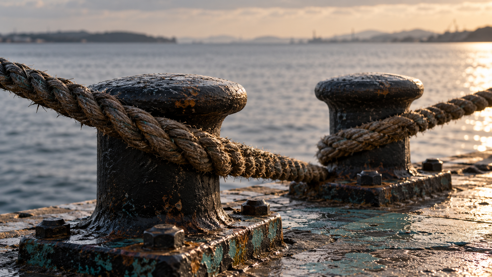 Weathered mooring ropes cross black dock bollards beside calm harbor water.