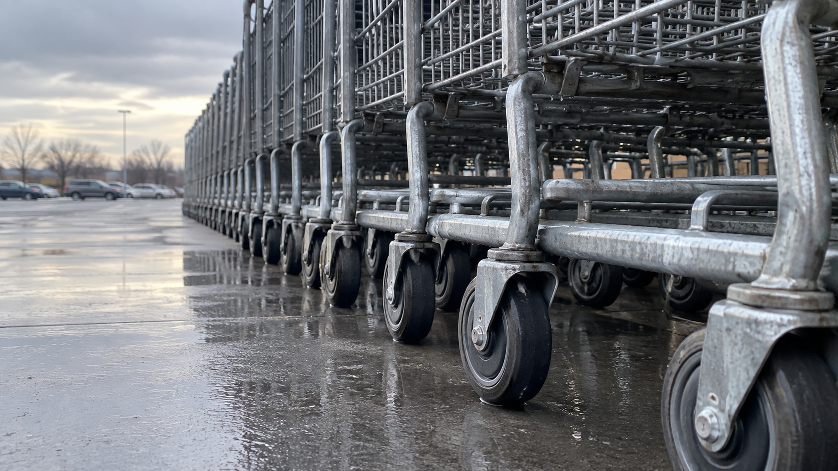 Low close view of unbranded nested steel shopping-cart wheels on wet pavement
