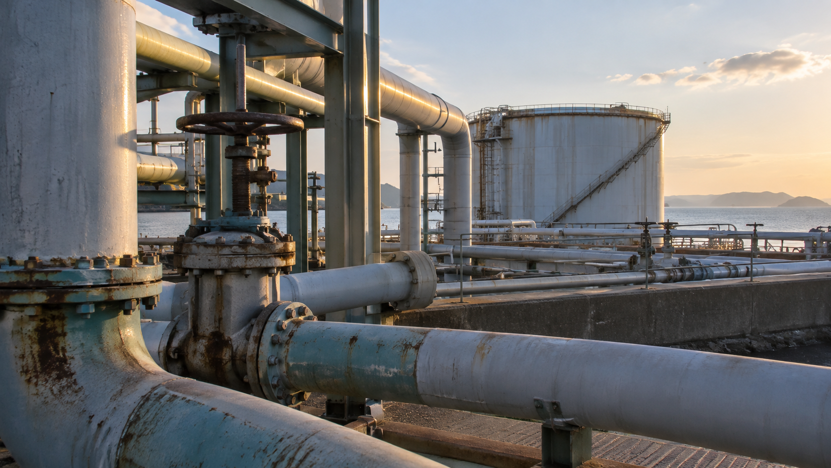 Weathered unmarked pipework beside a distant storage tank at a coastal industrial site