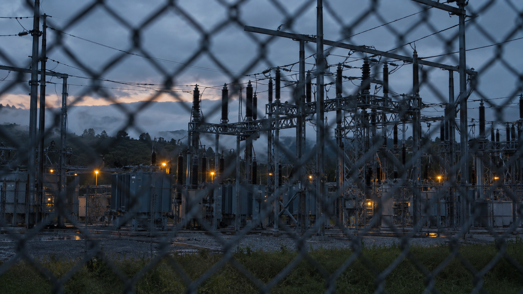 An unbranded electrical substation is seen through a chain-link fence at blue dusk.