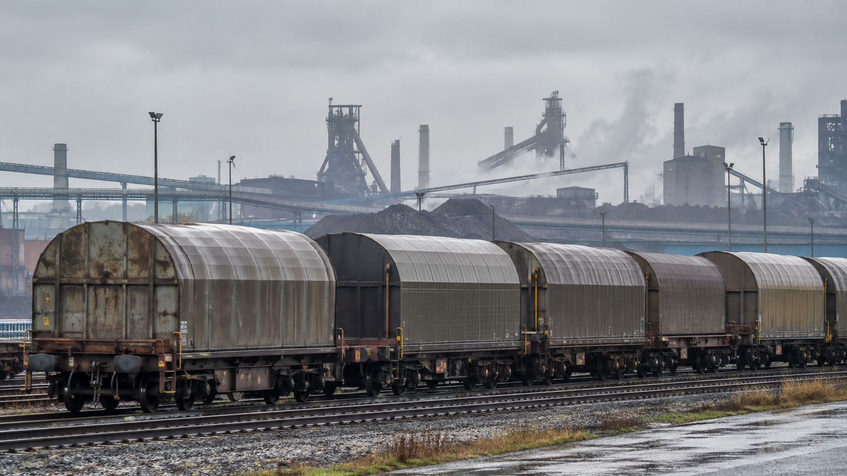 Unbranded covered coil cars stand on an industrial rail siding in overcast weather.