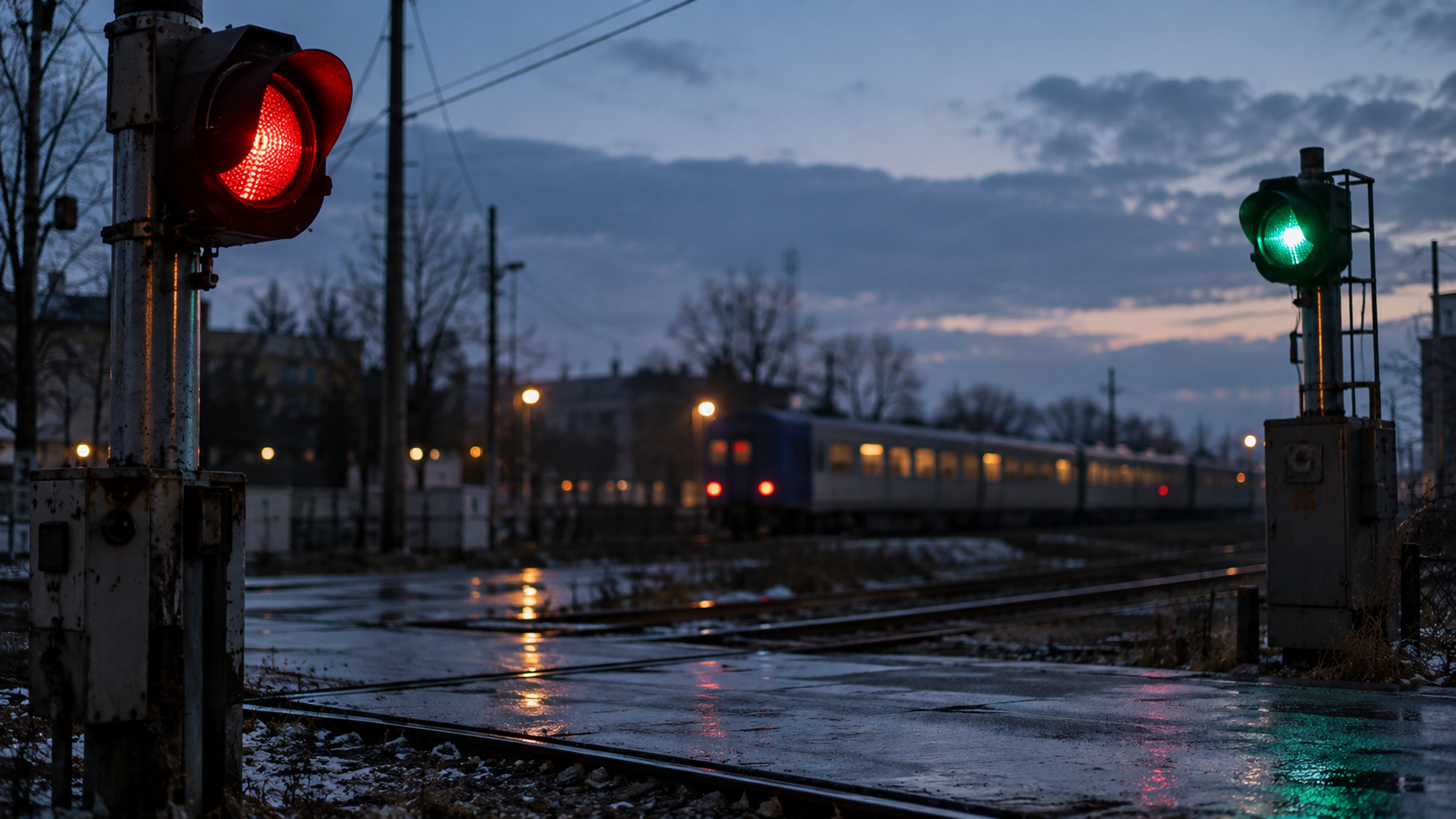 Separate unbranded red and green railway signal lamps at a quiet rail crossing at dusk.