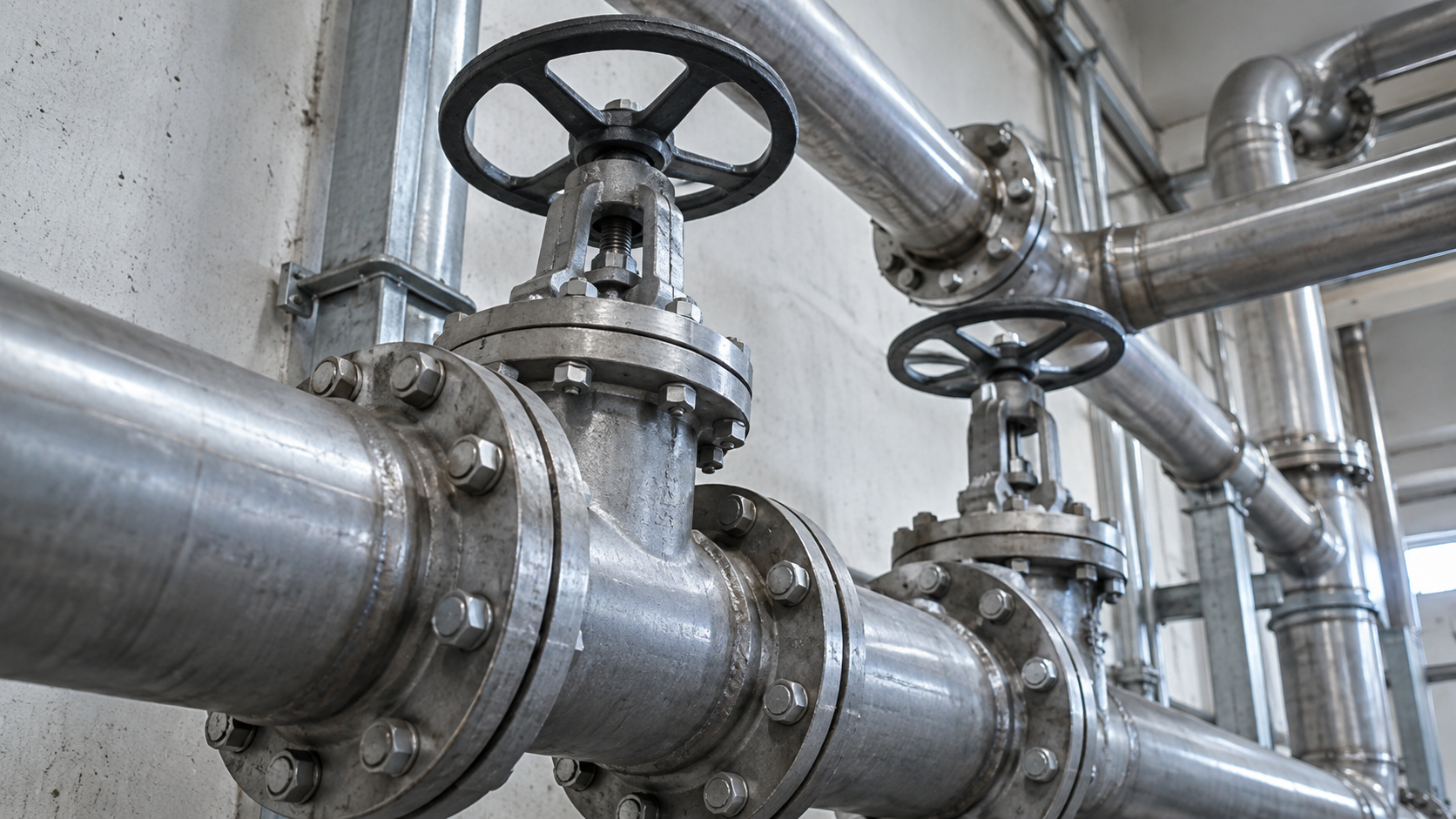 Plain steel pipework, valve wheels and bolted flanges run through a clean utility room.