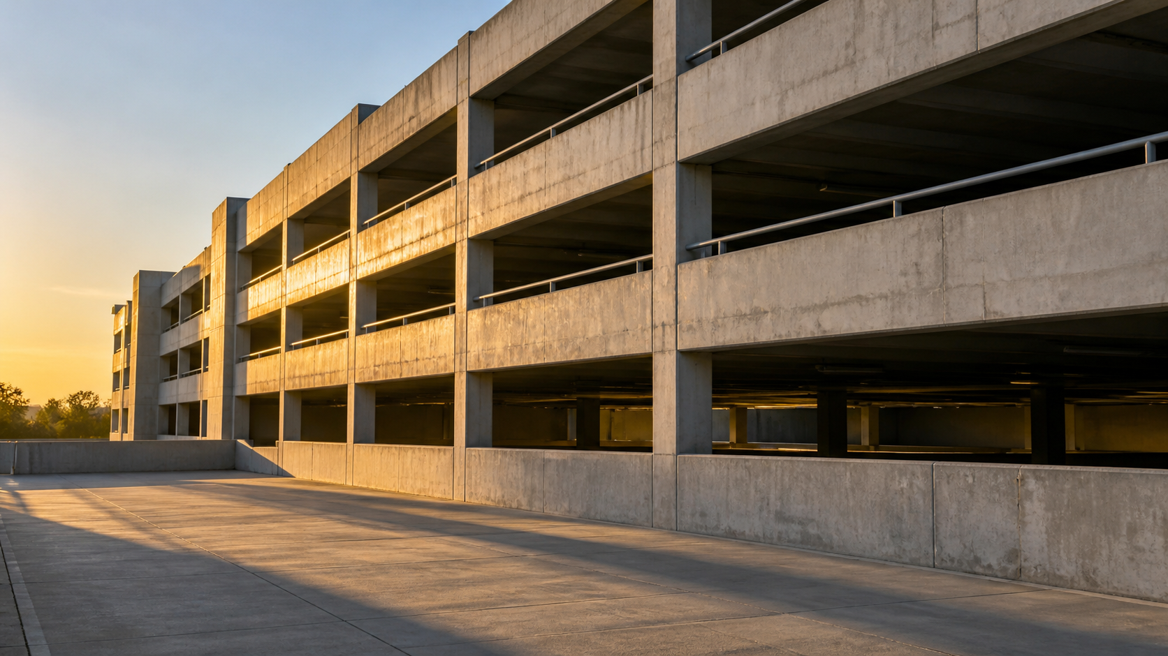 Anonymous concrete parking structure in golden evening light