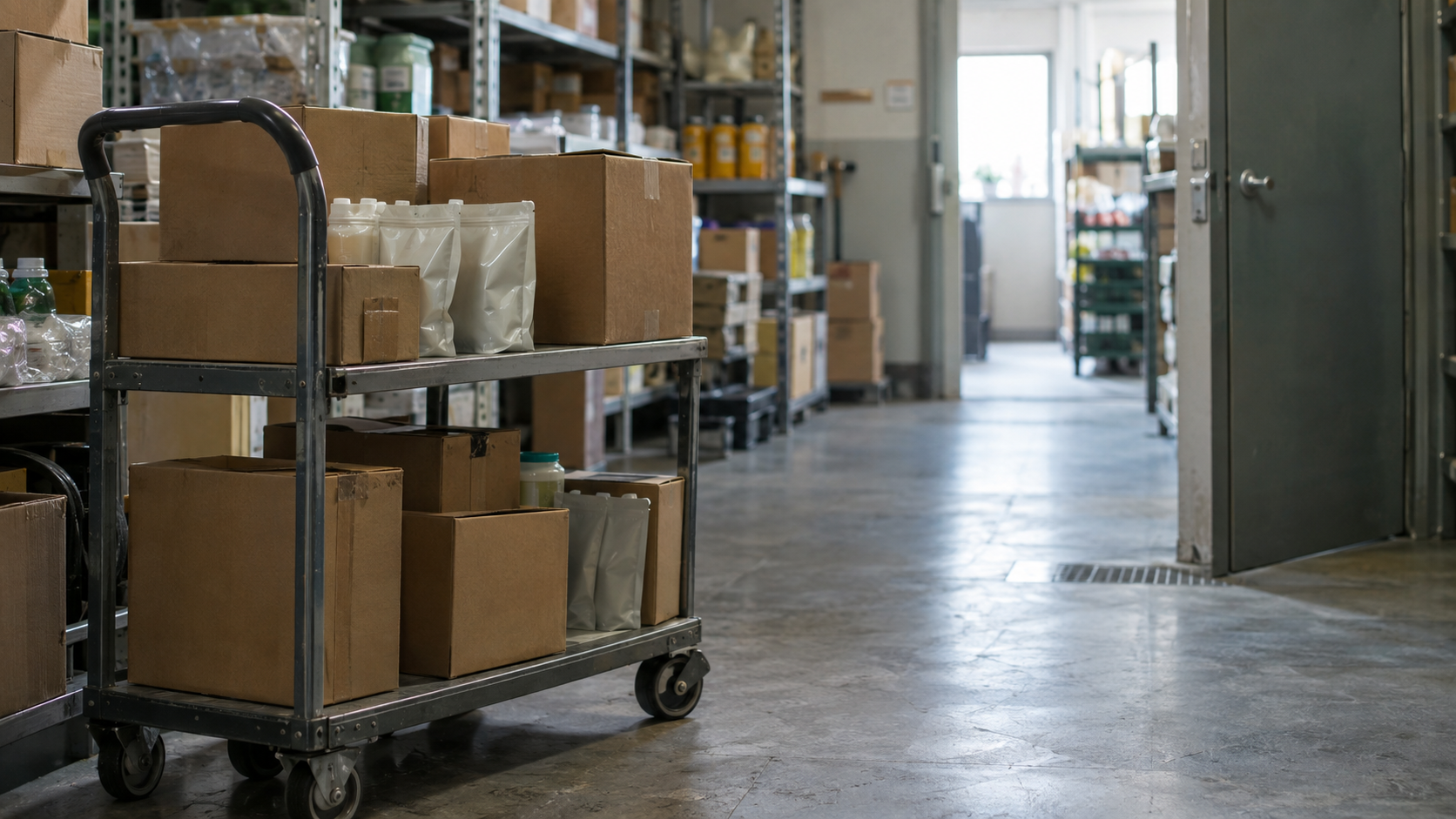 Unbranded refill pouches and cartons on a stockroom cart