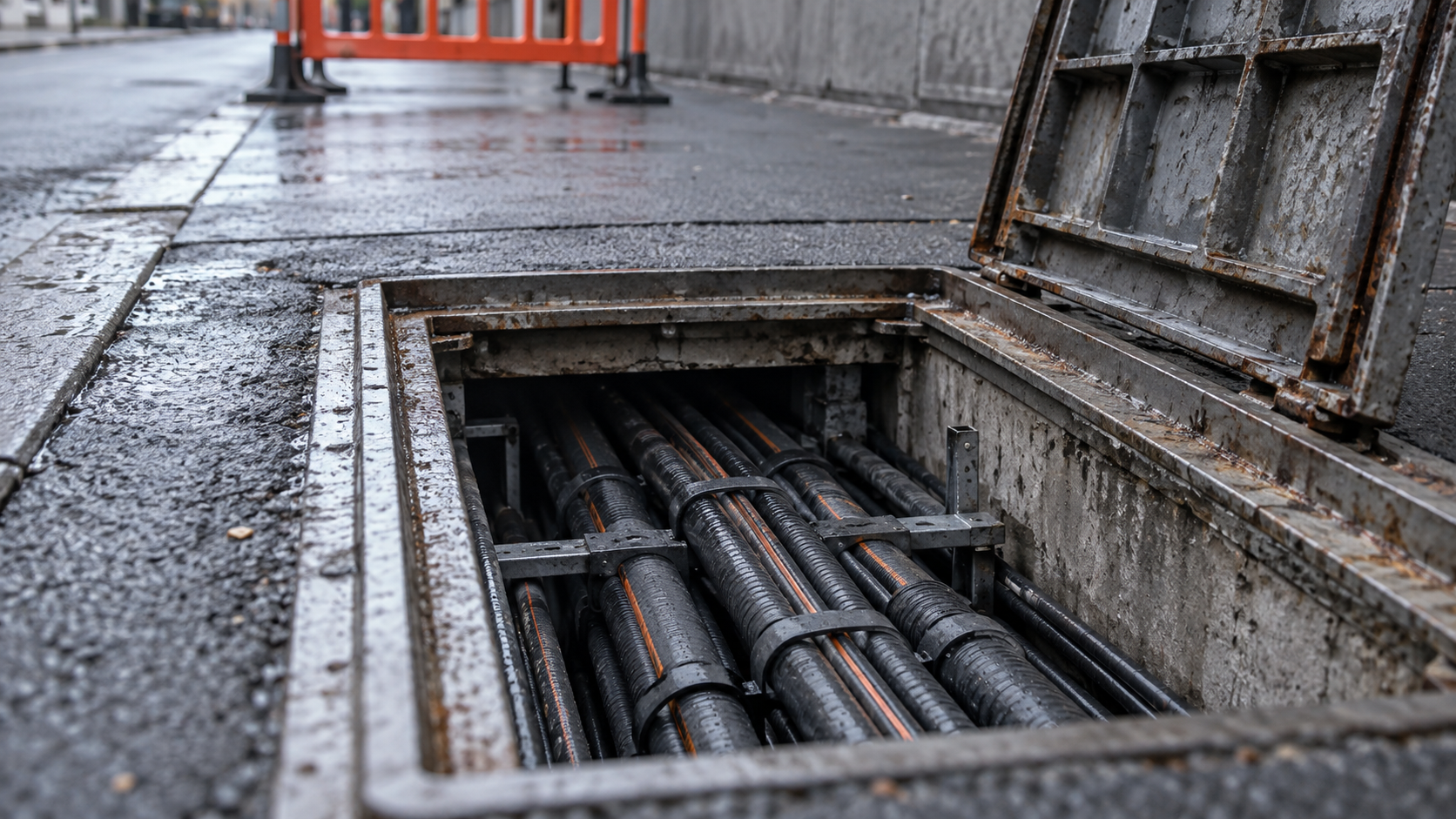 Bundled protected conduits are visible through an open unbranded sidewalk utility hatch.