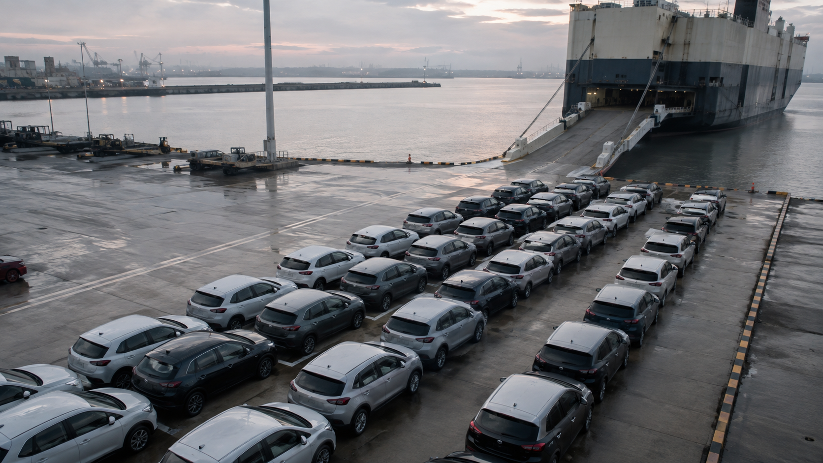 Unbranded compact cars waiting beside a cargo ship ramp at a damp export terminal